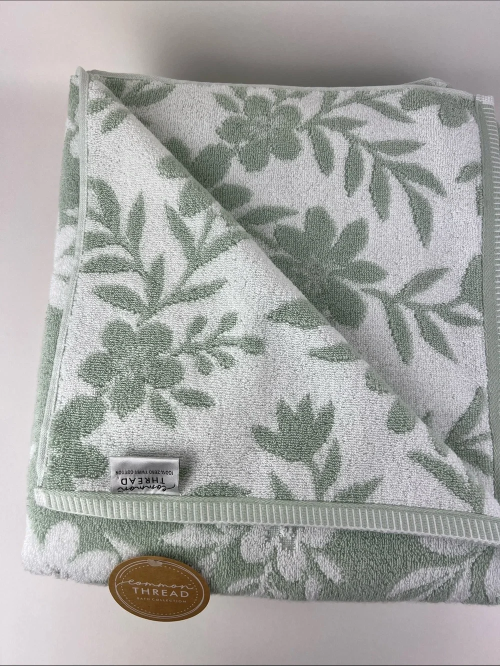 Common Thread Bath Towel Set Sage Green White Floral Soft Cotton 2 Pc NEW